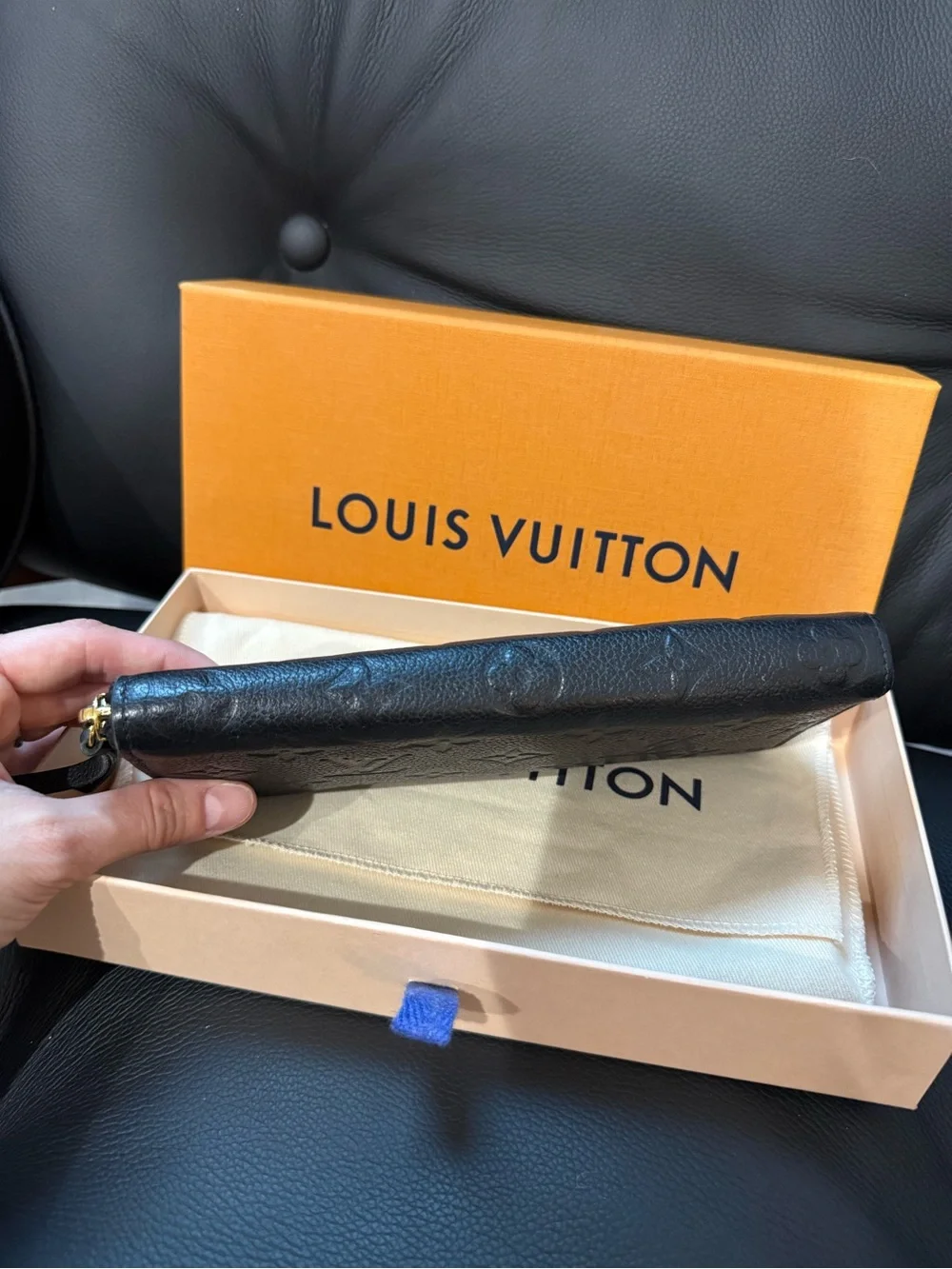 Louis Vuitton Clémence Black Monogram Zip Wallet in Embossed Leather With Box